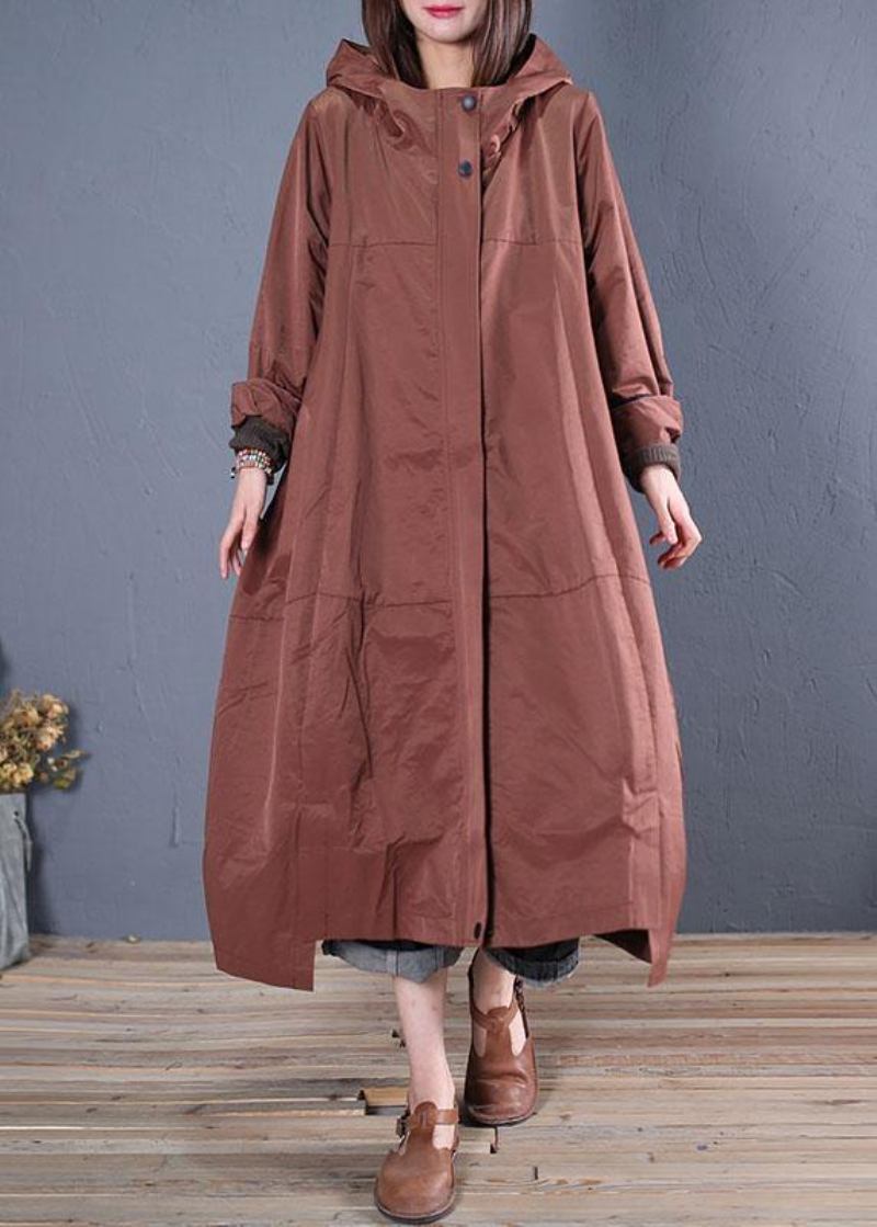 Feiner Lässiger Langer Brauner Herbstmantel Mit Kapuze Und Reißverschluss - Damen-Trenchcoats