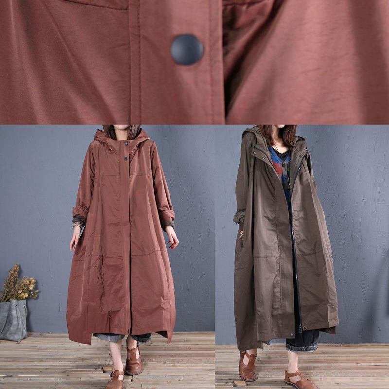 Feiner Lässiger Langer Brauner Herbstmantel Mit Kapuze Und Reißverschluss - Damen-Trenchcoats