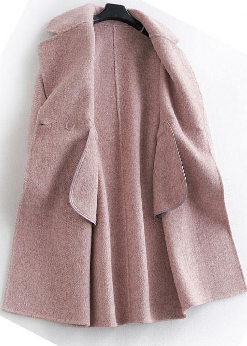 Feiner Rosa Wollmantel Mit Revers Für Damen Übergroße Mittellange Taschenmäntel - Damen-Trenchcoats