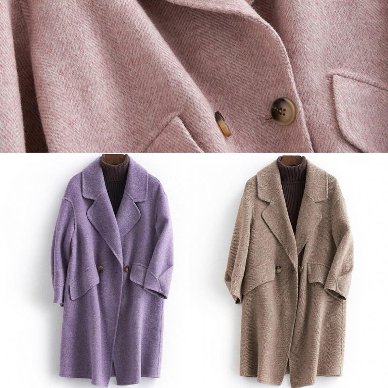 Feiner Rosa Wollmantel Mit Revers Für Damen Übergroße Mittellange Taschenmäntel - Damen-Trenchcoats