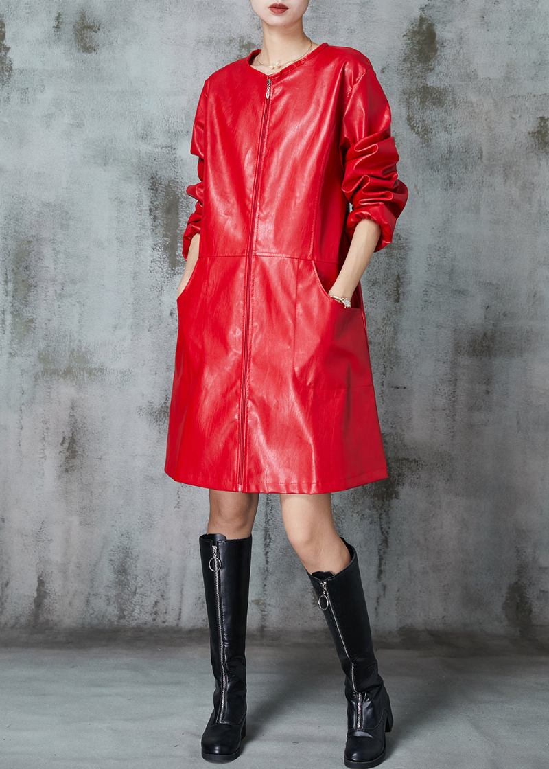 Feiner Roter O-ausschnitt Patchwork Kunstleder Trenchcoat Frühling - Damen-Trenchcoats