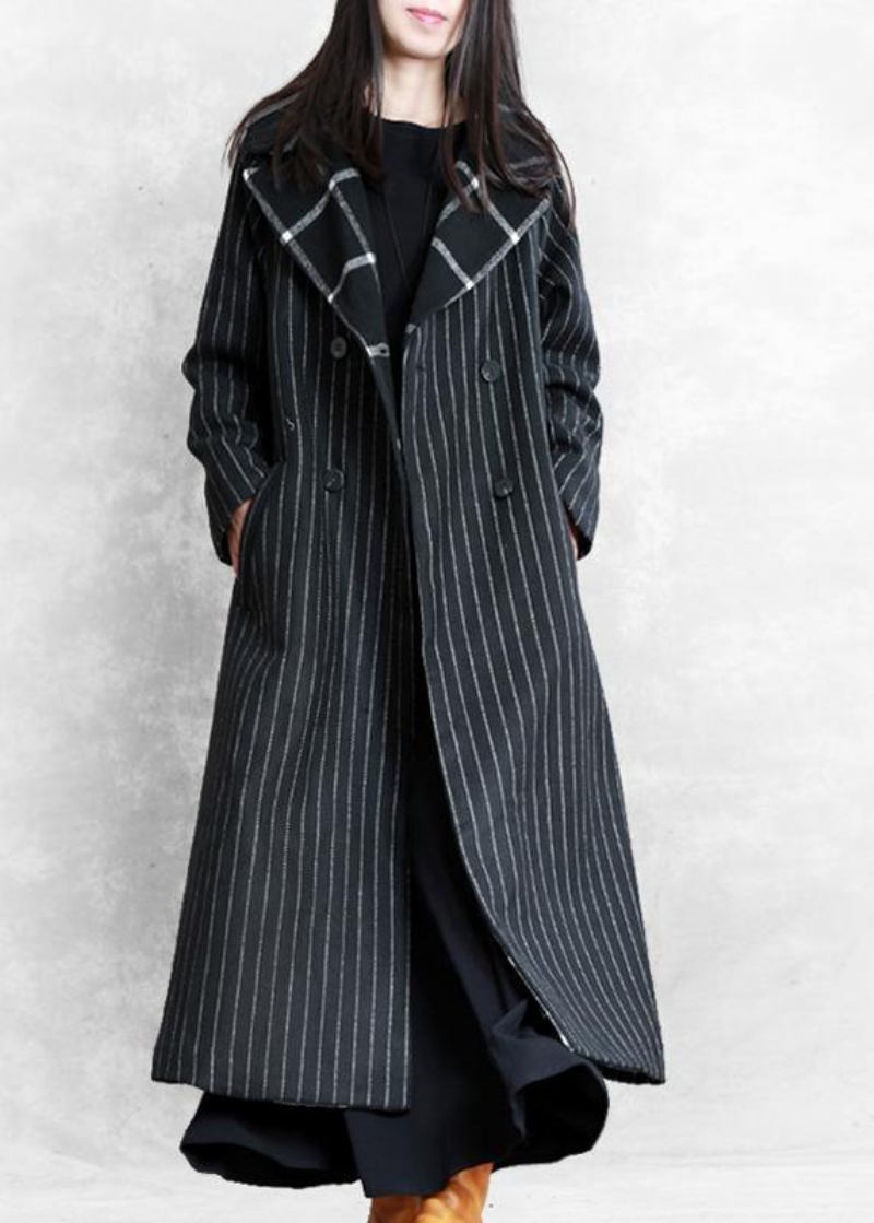 Feiner Schwarzer Gestreifter Wollmantel Übergroßer Trenchcoat Kerb Patchwork