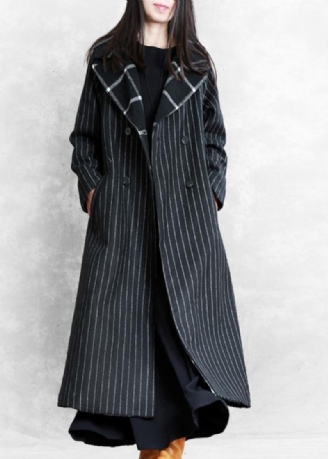 Feiner Schwarzer Gestreifter Wollmantel Übergroßer Trenchcoat Kerb Patchwork