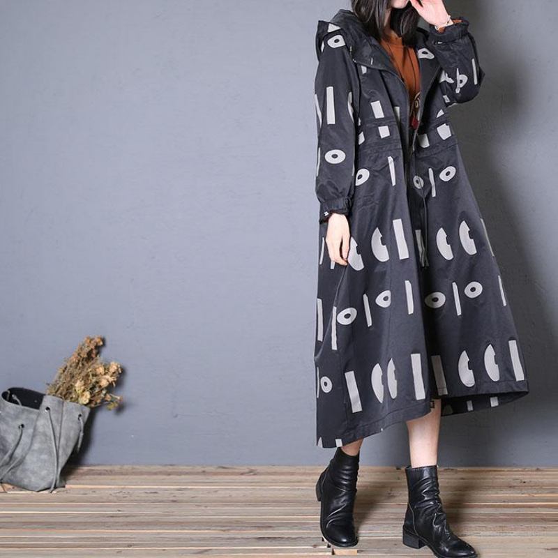 Feiner Übergroßer Trenchcoat Mit Schwarzen Prints Im Herbst Mantel Mit Kapuze Und Kordelzug