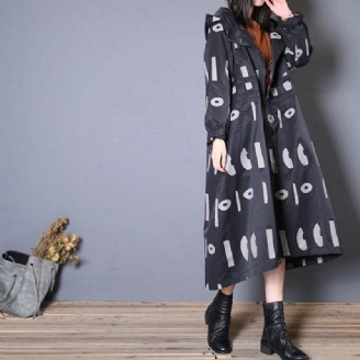 Feiner Übergroßer Trenchcoat Mit Schwarzen Prints Im Herbst Mantel Mit Kapuze Und Kordelzug