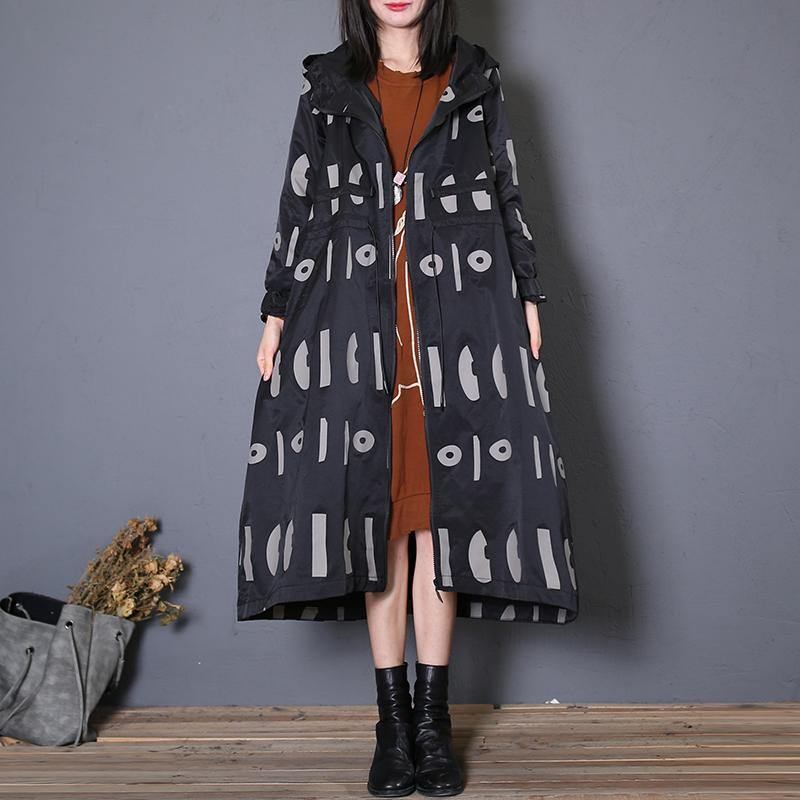 Feiner Übergroßer Trenchcoat Mit Schwarzen Prints Im Herbst Mantel Mit Kapuze Und Kordelzug - Damen-Trenchcoats