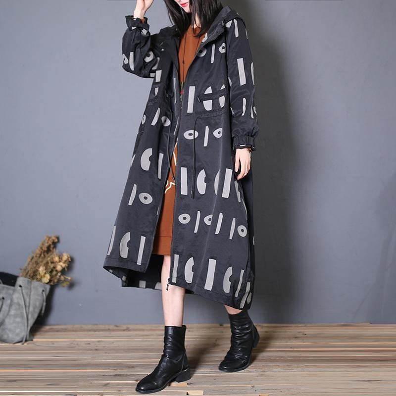 Feiner Übergroßer Trenchcoat Mit Schwarzen Prints Im Herbst Mantel Mit Kapuze Und Kordelzug - Damen-Trenchcoats