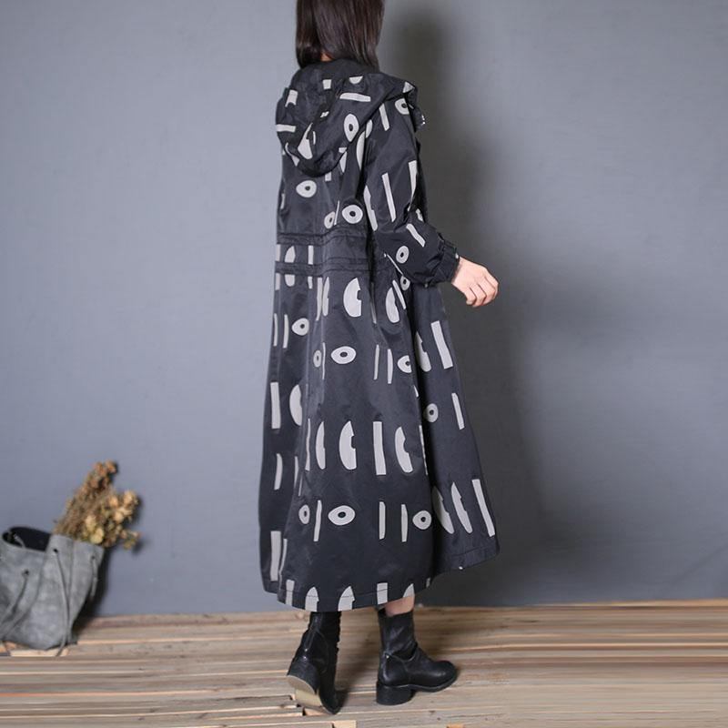 Feiner Übergroßer Trenchcoat Mit Schwarzen Prints Im Herbst Mantel Mit Kapuze Und Kordelzug - Damen-Trenchcoats