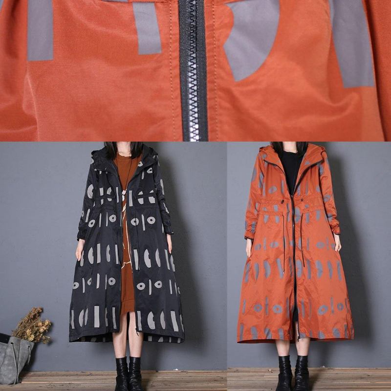 Feiner Übergroßer Trenchcoat Mit Schwarzen Prints Im Herbst Mantel Mit Kapuze Und Kordelzug - Damen-Trenchcoats