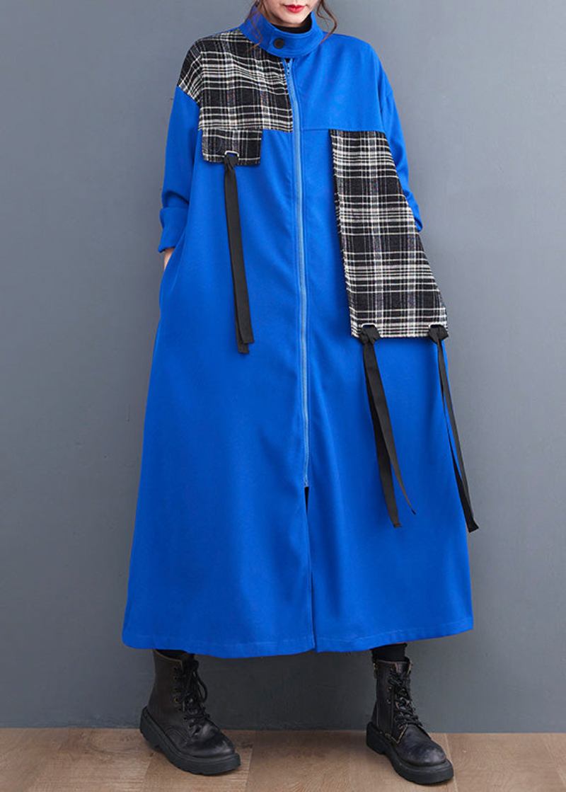 Französisch Blau Peter Pan Kragen Plaid Patchwork Reißverschluss Lange Trenchcoats