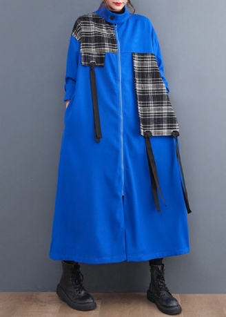 Französisch Blau Peter Pan Kragen Plaid Patchwork Reißverschluss Lange Trenchcoats