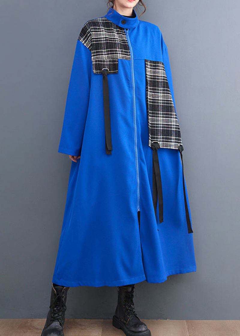 Französisch Blau Peter Pan Kragen Plaid Patchwork Reißverschluss Lange Trenchcoats - Blau