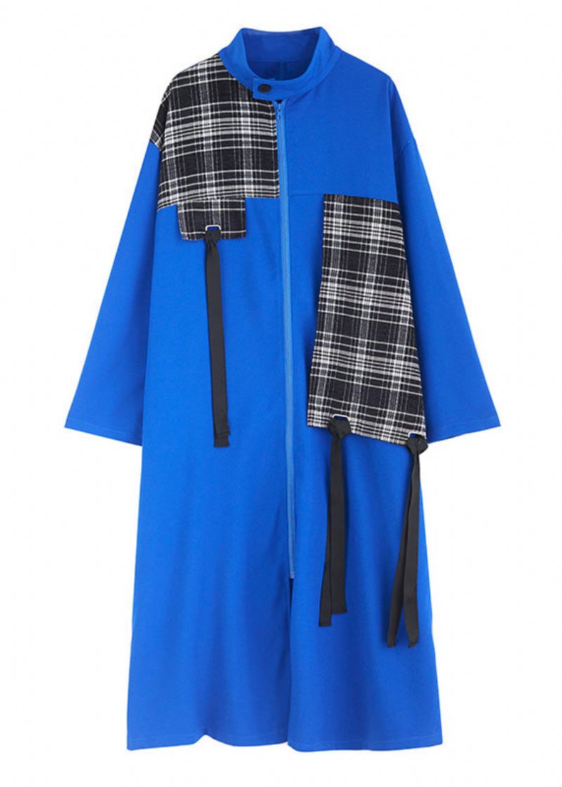 Französisch Blau Peter Pan Kragen Plaid Patchwork Reißverschluss Lange Trenchcoats - Blau