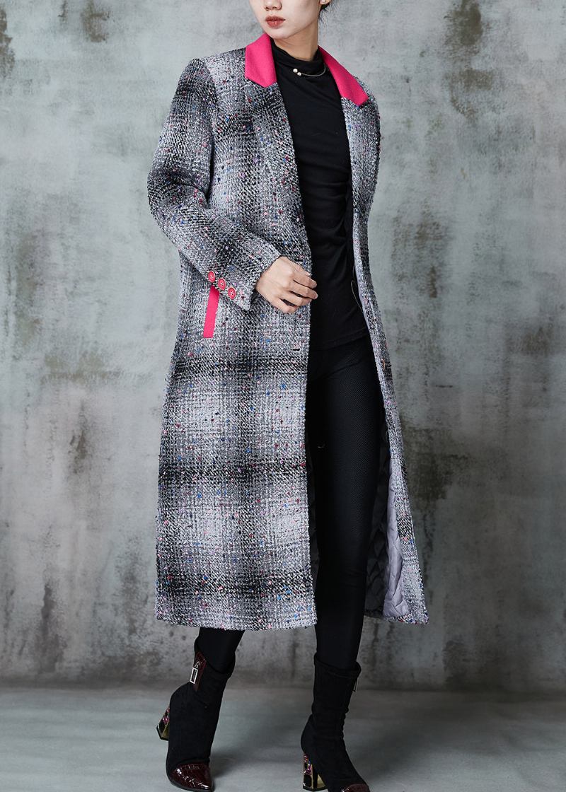 Französisch Grau Plaid Patchwork Wollmäntel Frühling - Damen-Trenchcoats