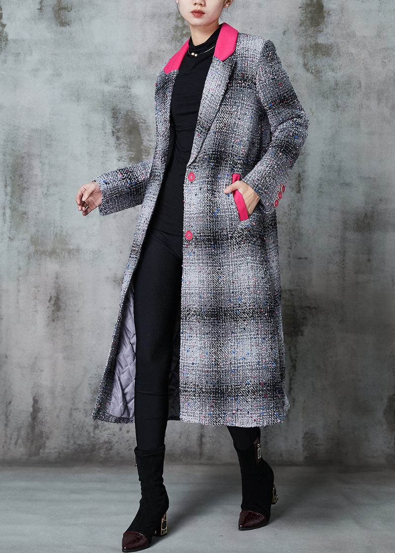 Französisch Grau Plaid Patchwork Wollmäntel Frühling - Damen-Trenchcoats