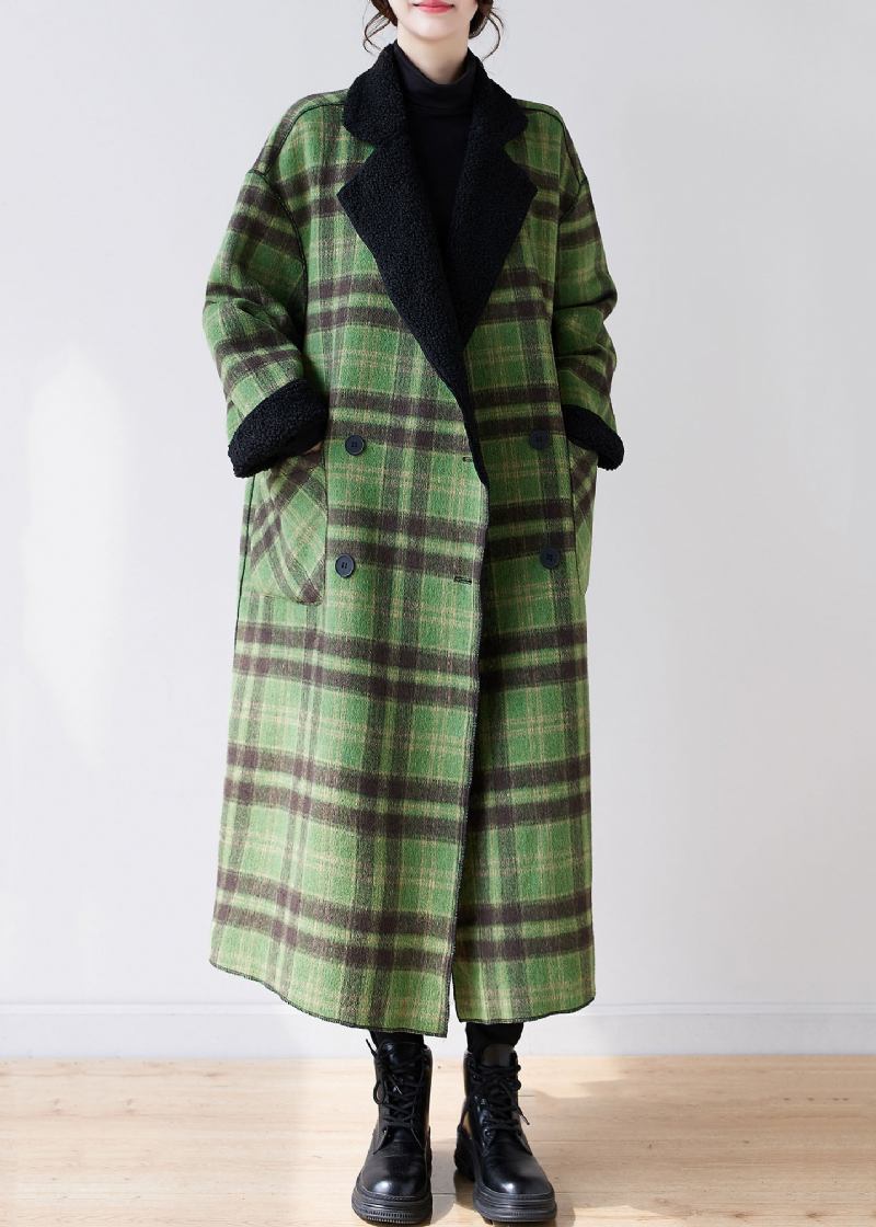 Französisch Grün Plaid Kerbe Tragen Auf Beiden Seiten Warme Fleece Kunstpelz Trenchcoats Langarm