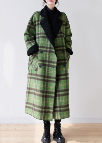 Französisch Grün Plaid Kerbe Tragen Auf Beiden Seiten Warme Fleece Kunstpelz Trenchcoats Langarm