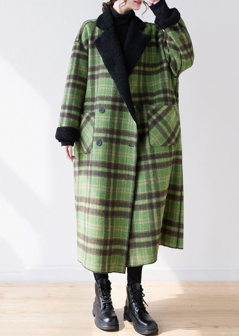 Französisch Grün Plaid Kerbe Tragen Auf Beiden Seiten Warme Fleece Kunstpelz Trenchcoats Langarm - Damen-Trenchcoats