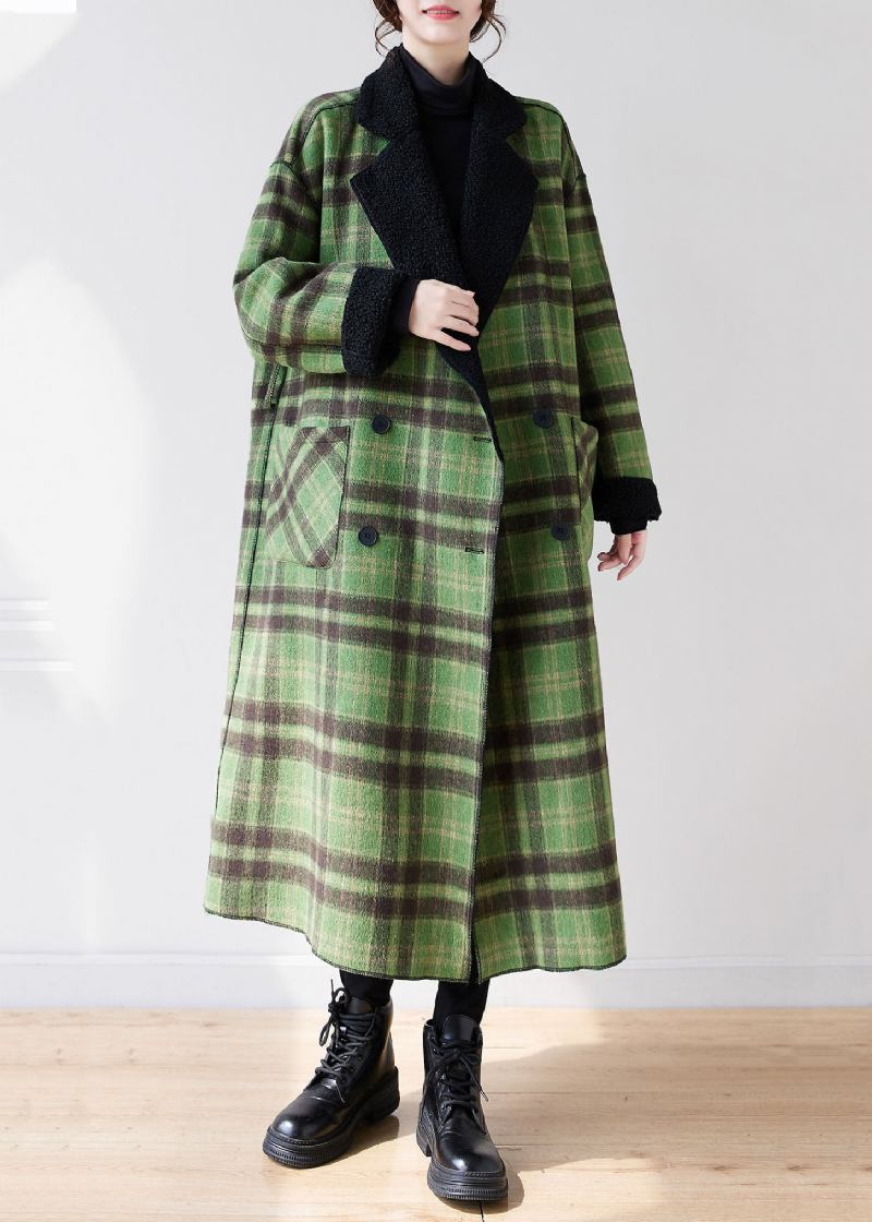 Französisch Grün Plaid Kerbe Tragen Auf Beiden Seiten Warme Fleece Kunstpelz Trenchcoats Langarm - Damen-Trenchcoats