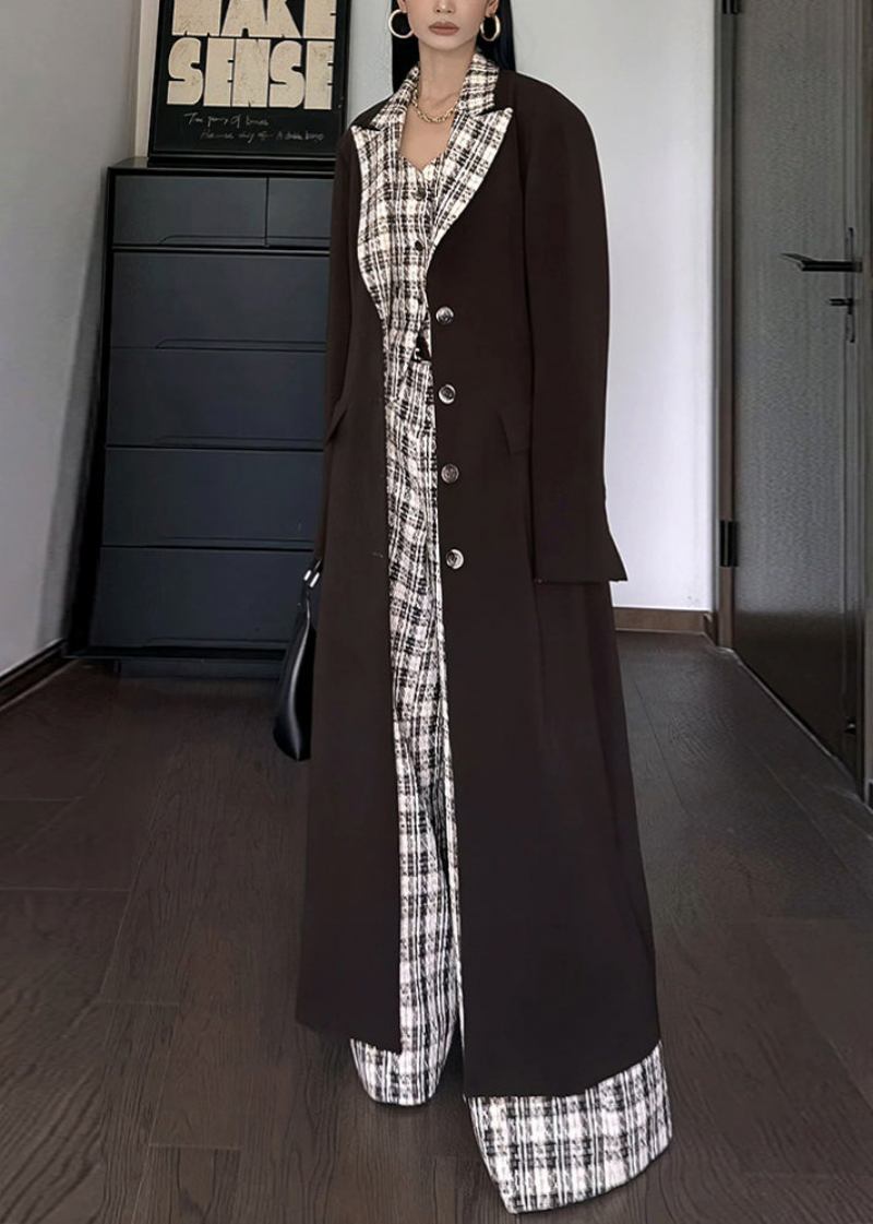 Französisch Kaffee Peter Pan Kragen Knopf Plaid Patchwork Trenchcoat Herbst - Damen-Trenchcoats