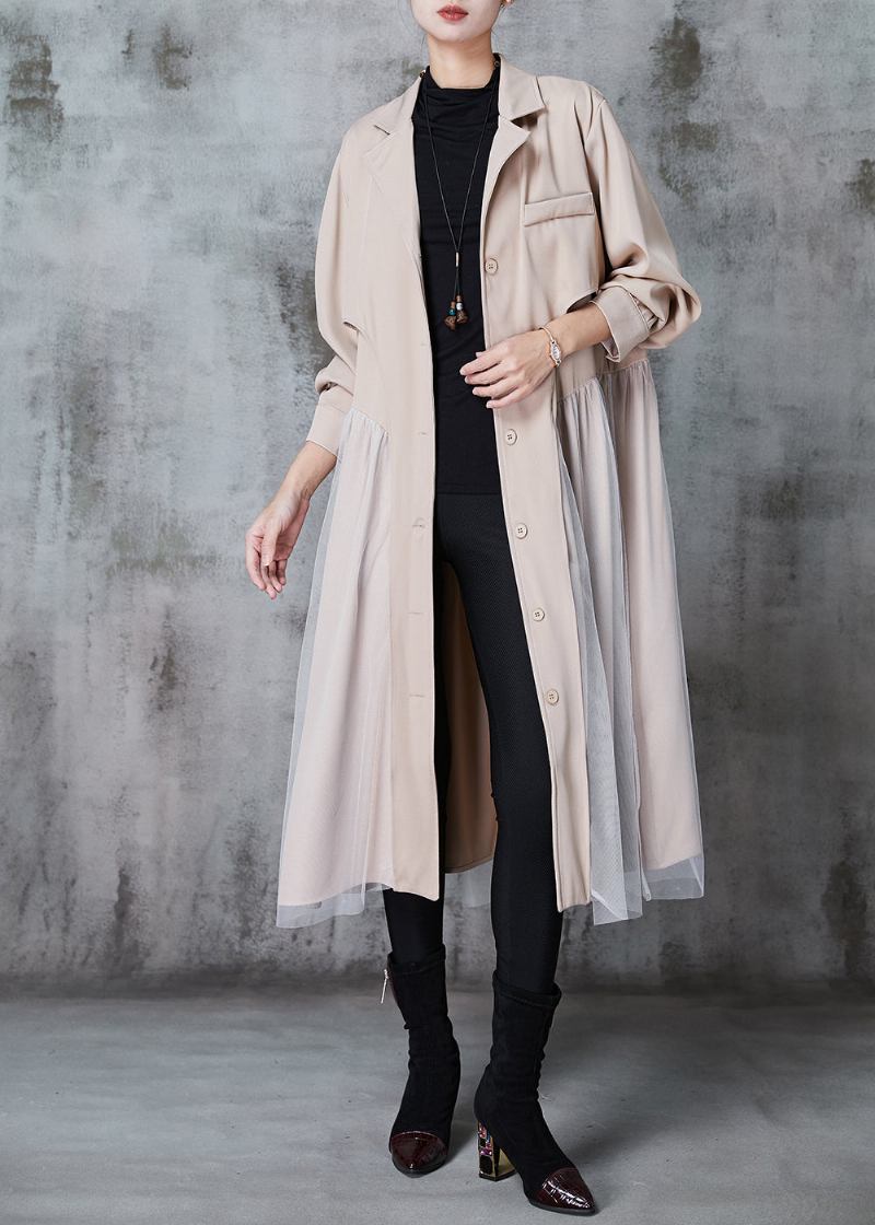 Französisch Khaki Kerb Kragen Patchwork Tüll Baumwolle Trenchcoat Frühling - Damen-Trenchcoats