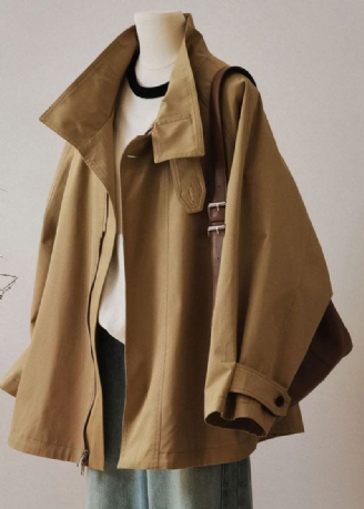 Französisch Khaki Peter Pan Kragen Reißverschluss Patchwork Trenchcoats Langarm