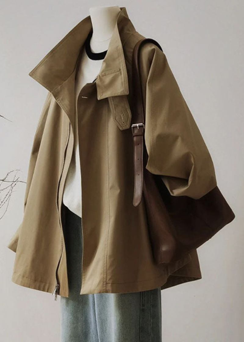 Französisch Khaki Peter Pan Kragen Reißverschluss Patchwork Trenchcoats Langarm - Damen-Trenchcoats