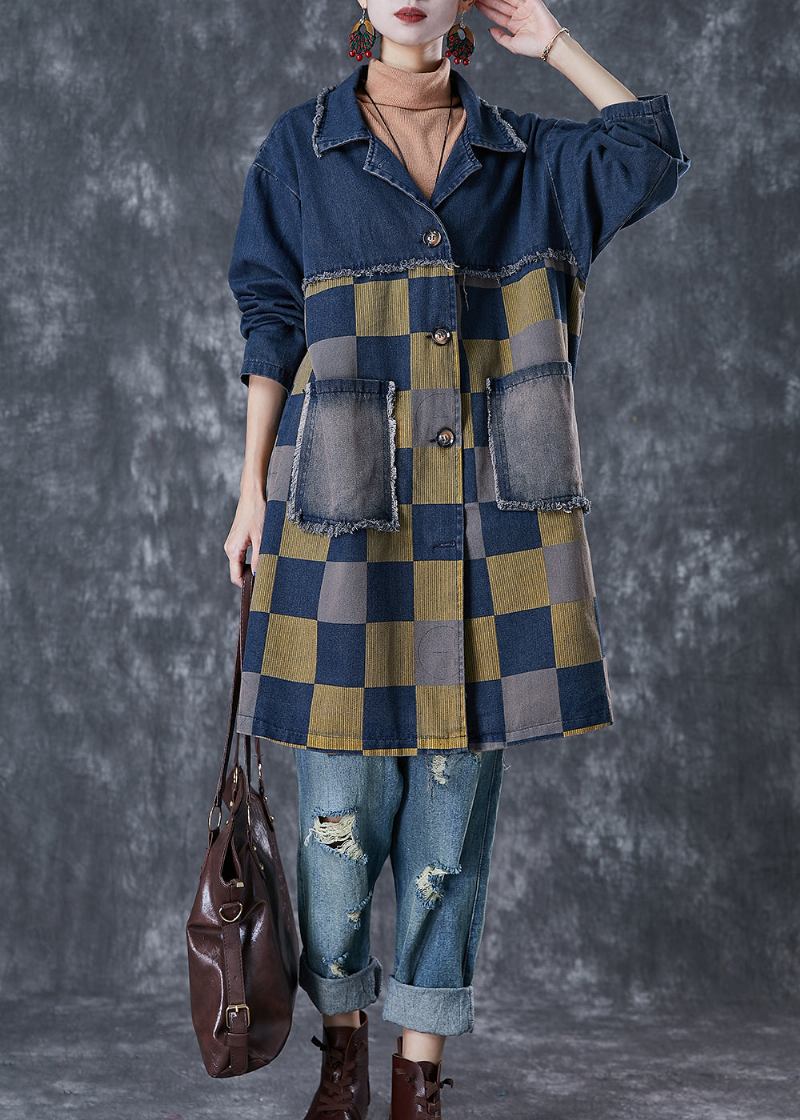 Französische Marine Übergroße Patchwork Plaid Denim Mäntel Herbst - Damen-Trenchcoats