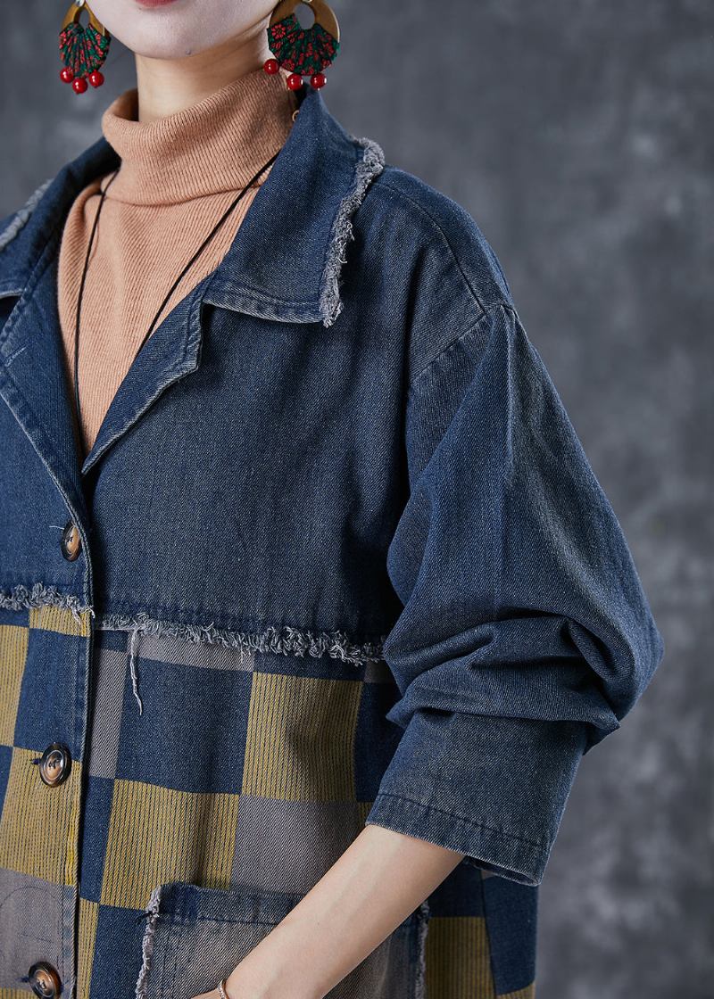 Französische Marine Übergroße Patchwork Plaid Denim Mäntel Herbst - Damen-Trenchcoats