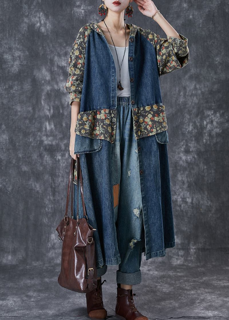 Französische Marine Übergroße Patchwork-print Denim Trenchcoats Herbst