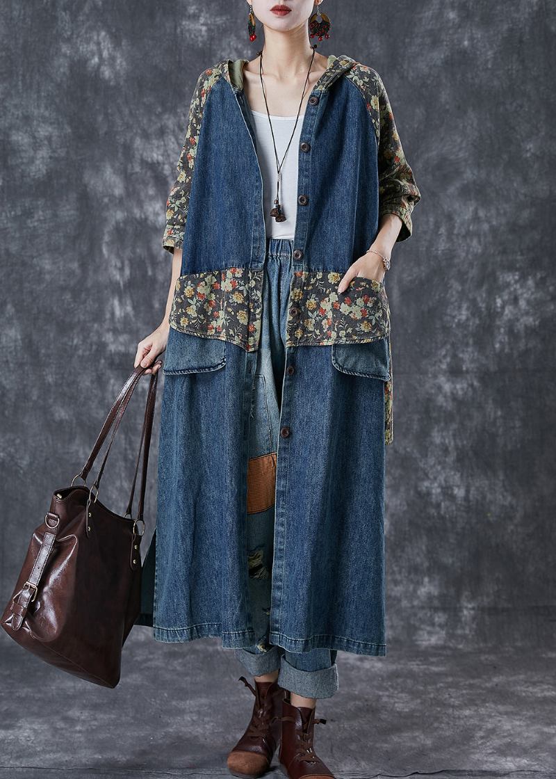 Französische Marine Übergroße Patchwork-print Denim Trenchcoats Herbst - Damen-Trenchcoats