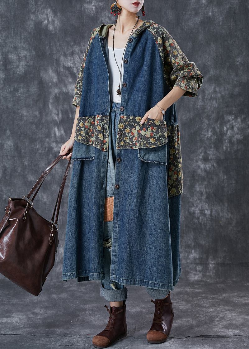 Französische Marine Übergroße Patchwork-print Denim Trenchcoats Herbst - Damen-Trenchcoats