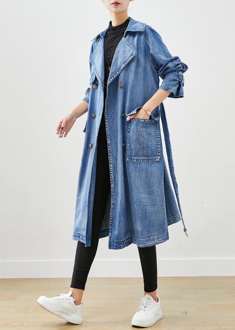 Französischer Blauer Zweireihiger Denim-trenchcoat Mit Taillenbund