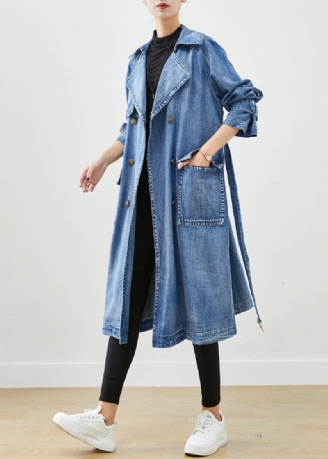 Französischer Blauer Zweireihiger Denim-trenchcoat Mit Taillenbund