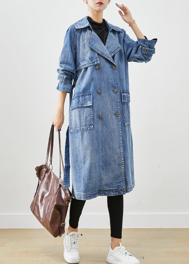 Französischer Blauer Zweireihiger Denim-trenchcoat Mit Taillenbund - Damen-Trenchcoats