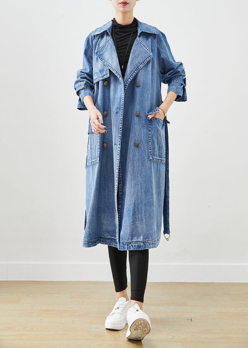 Französischer Blauer Zweireihiger Denim-trenchcoat Mit Taillenbund - Damen-Trenchcoats