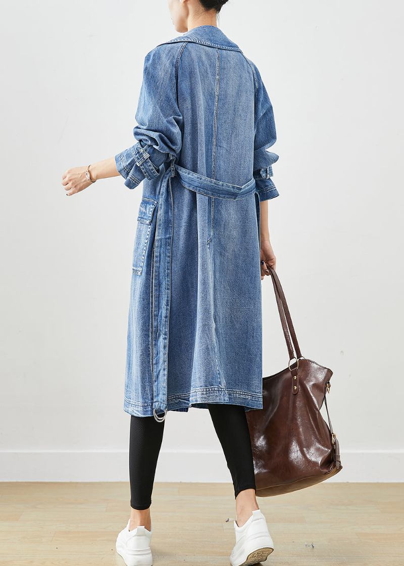 Französischer Blauer Zweireihiger Denim-trenchcoat Mit Taillenbund - Damen-Trenchcoats