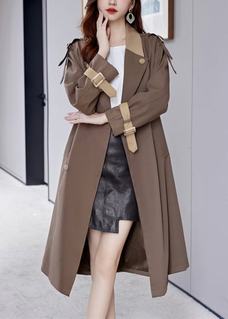 Französischer Brauner Knopf-krawatten-taillen-baumwoll-langer Trenchcoat Herbst - Damen-Trenchcoats