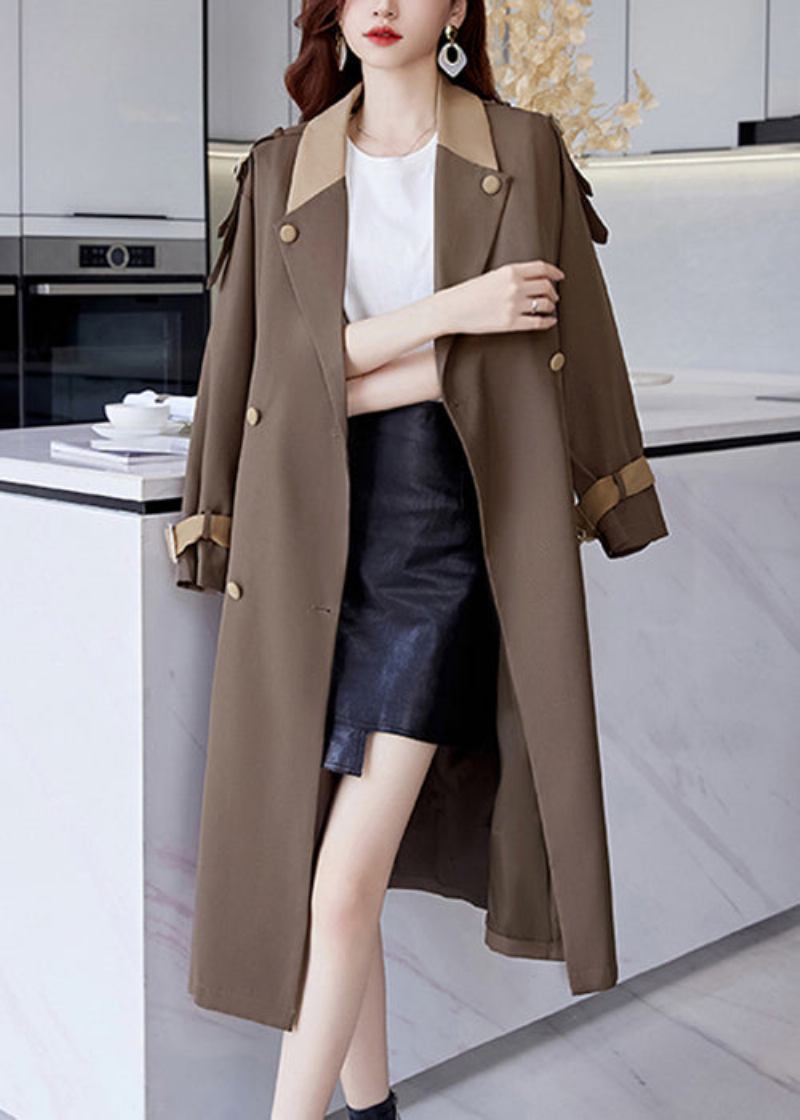 Französischer Brauner Knopf-krawatten-taillen-baumwoll-langer Trenchcoat Herbst - Damen-Trenchcoats