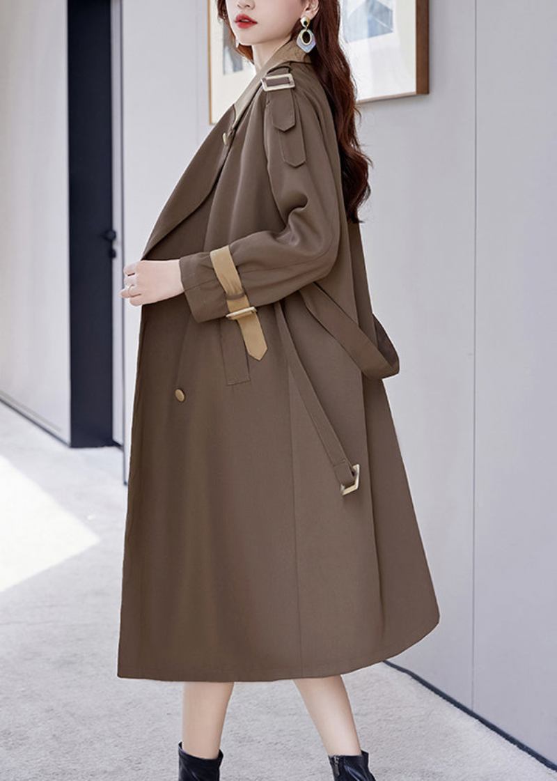 Französischer Brauner Knopf-krawatten-taillen-baumwoll-langer Trenchcoat Herbst - Damen-Trenchcoats