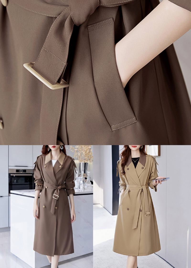 Französischer Brauner Knopf-krawatten-taillen-baumwoll-langer Trenchcoat Herbst - Damen-Trenchcoats