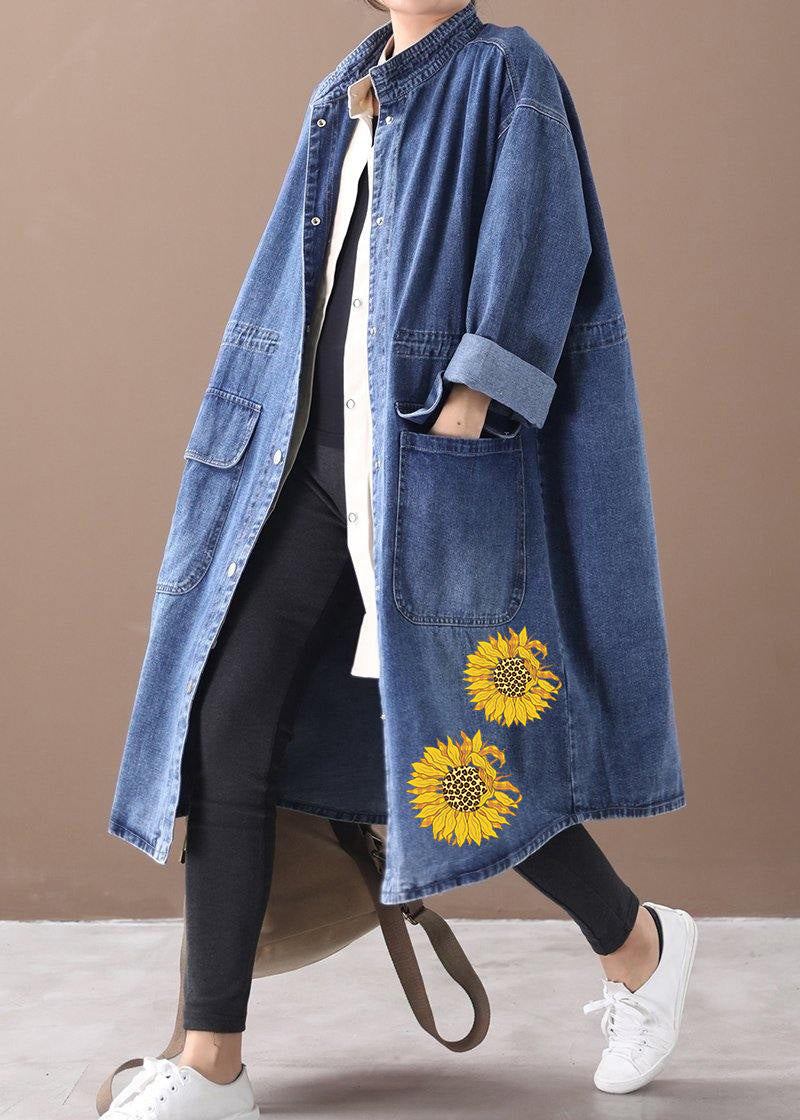 Französischer Denim-blau-sonnenblumen-kastenmantel In Übergröße Mit Stehkragen Und Kordelzug