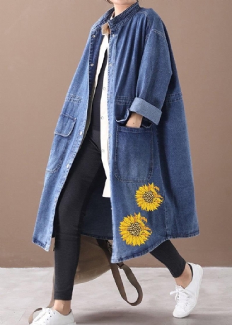 Französischer Denim-blau-sonnenblumen-kastenmantel In Übergröße Mit Stehkragen Und Kordelzug