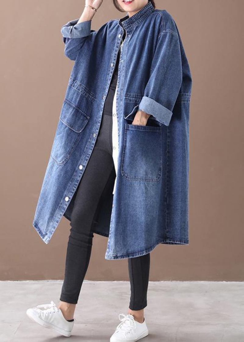 Französischer Denim-blauer Plus Size-kastenmantel Shape-stehkragen-mantel Mit Kordelzug - Blau