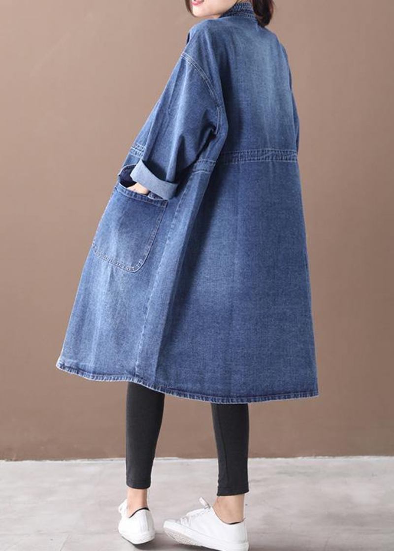 Französischer Denim-blauer Plus Size-kastenmantel Shape-stehkragen-mantel Mit Kordelzug - Blau