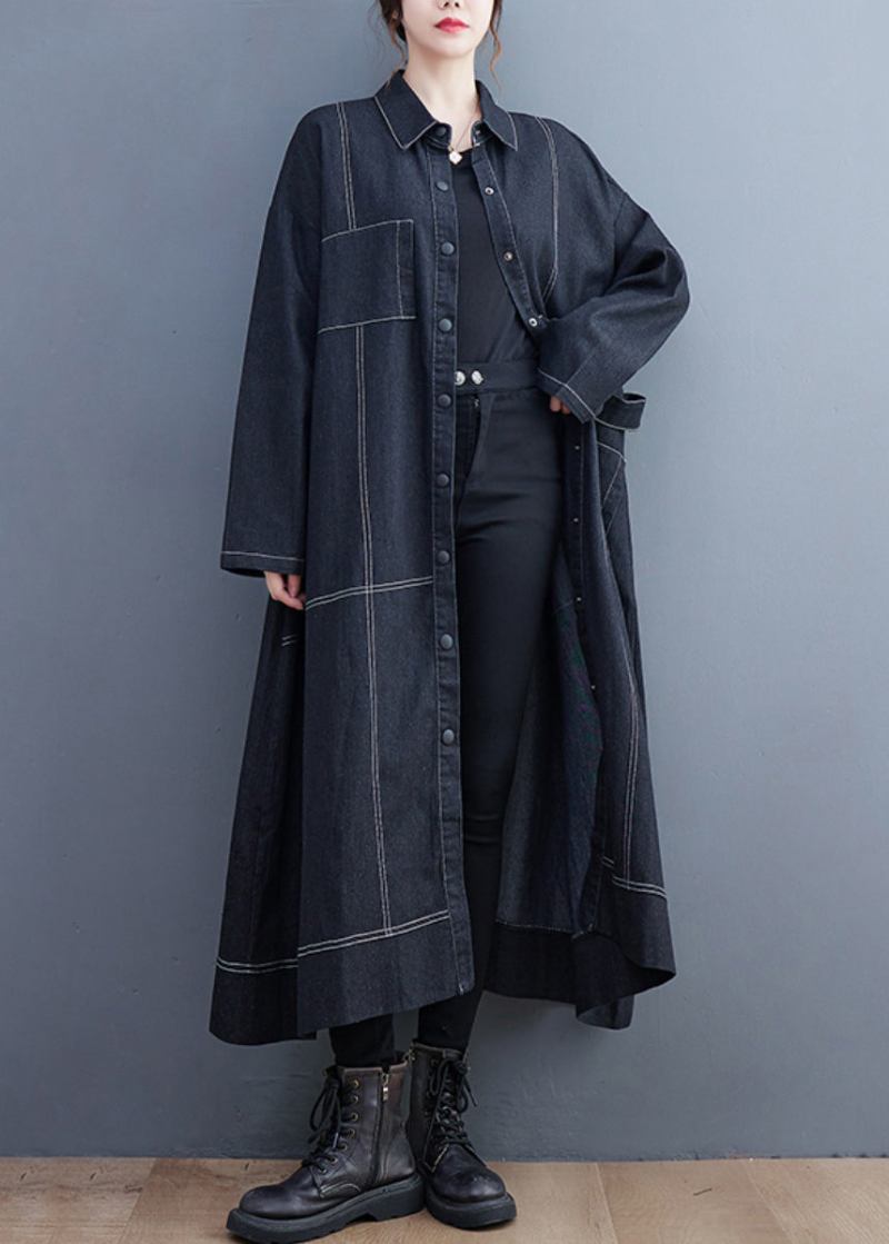 Französischer Schwarzer Knopftaschen-jeans-langer Trenchcoat Herbst