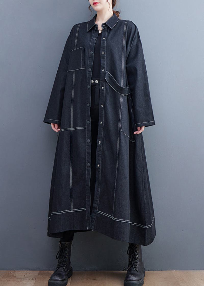 Französischer Schwarzer Knopftaschen-jeans-langer Trenchcoat Herbst - Damen-Trenchcoats