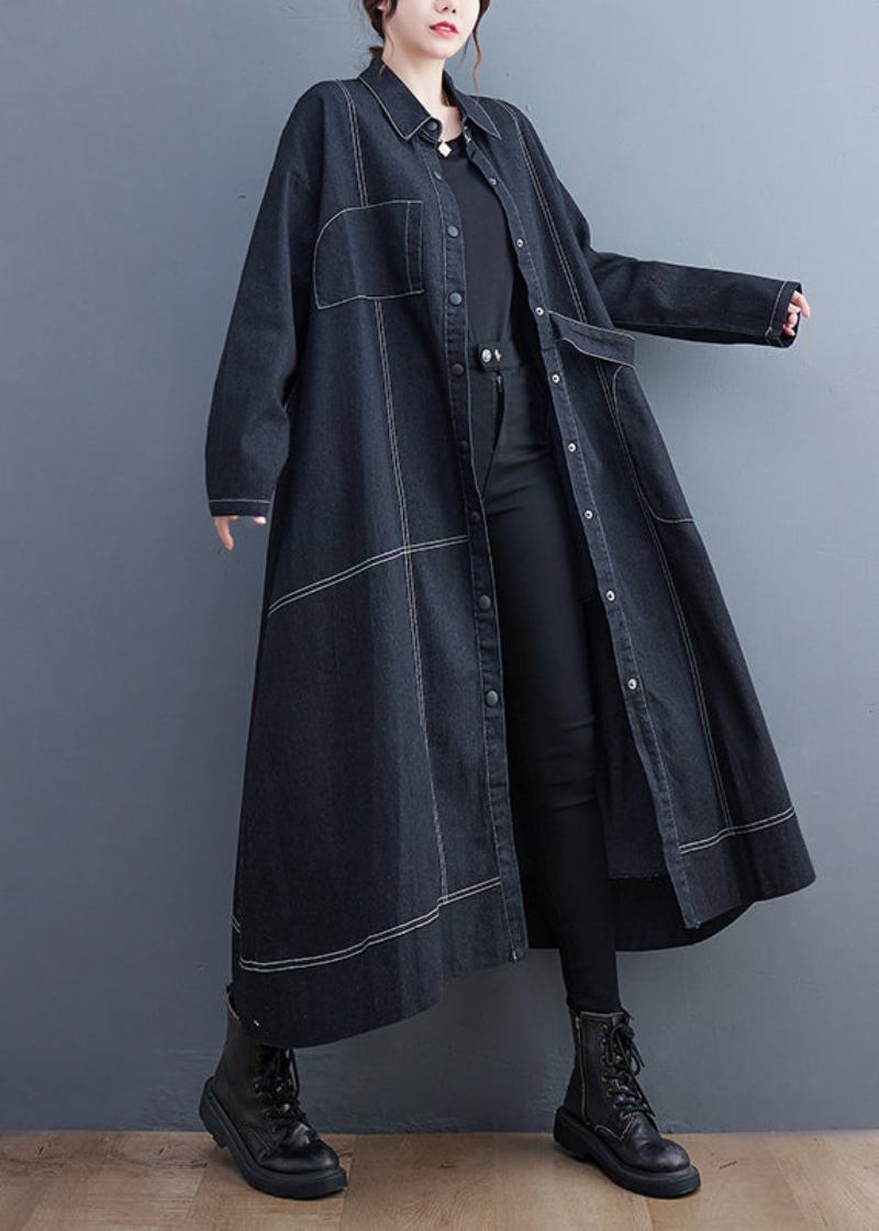 Französischer Schwarzer Knopftaschen-jeans-langer Trenchcoat Herbst - Damen-Trenchcoats