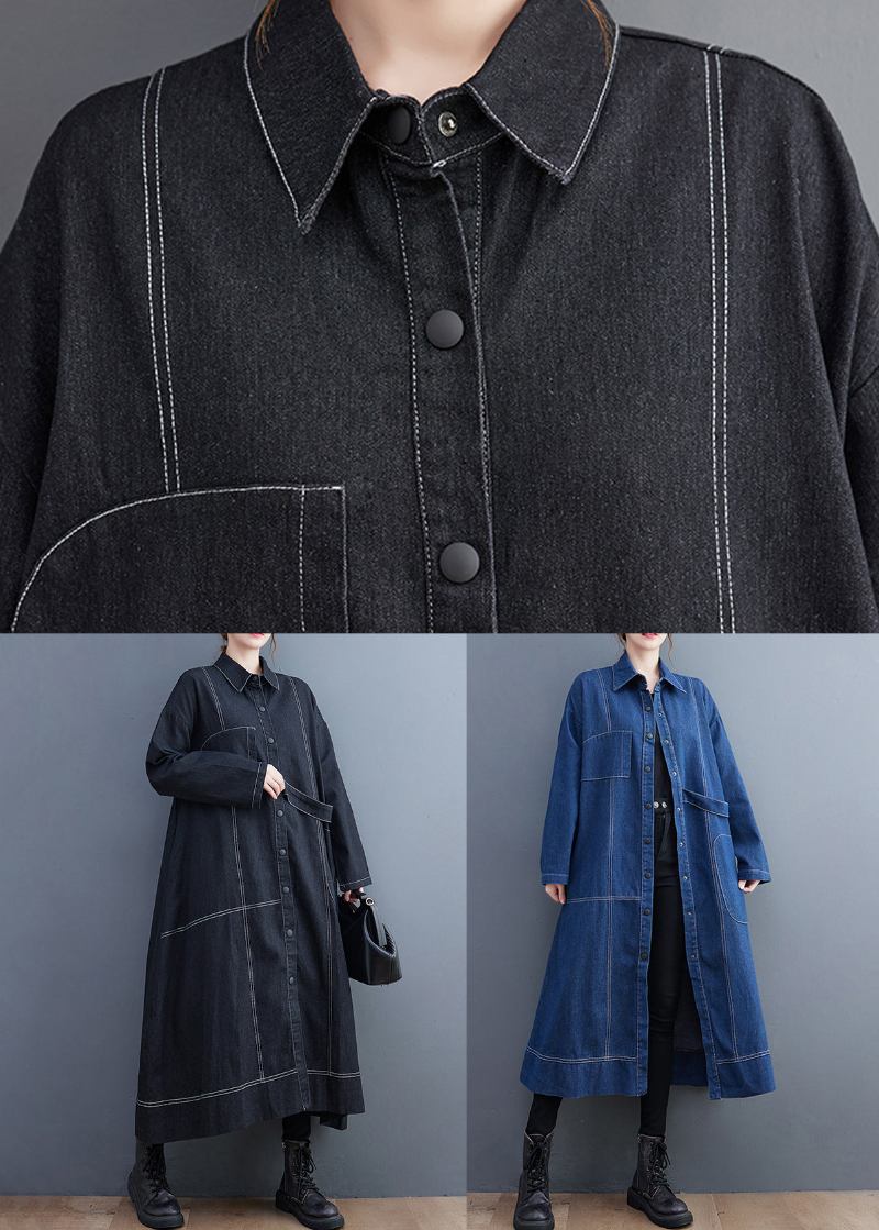 Französischer Schwarzer Knopftaschen-jeans-langer Trenchcoat Herbst - Damen-Trenchcoats