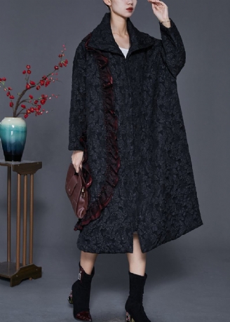 Französischer Schwarzer Trenchcoat Aus Jacquard Mit Rüschen Und Feiner Baumwollfüllung Frühling